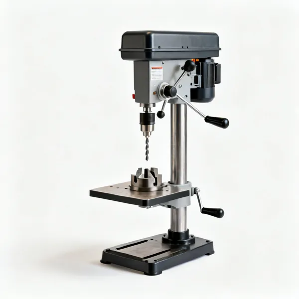 A benchtop drill press with a column, table and chuck