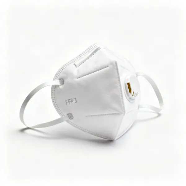 A white FFP3 respirator dust mask with two straps and a nose clip