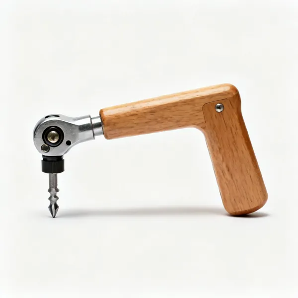 A wooden handled hand brace drill with a ratchet and a bit fitted