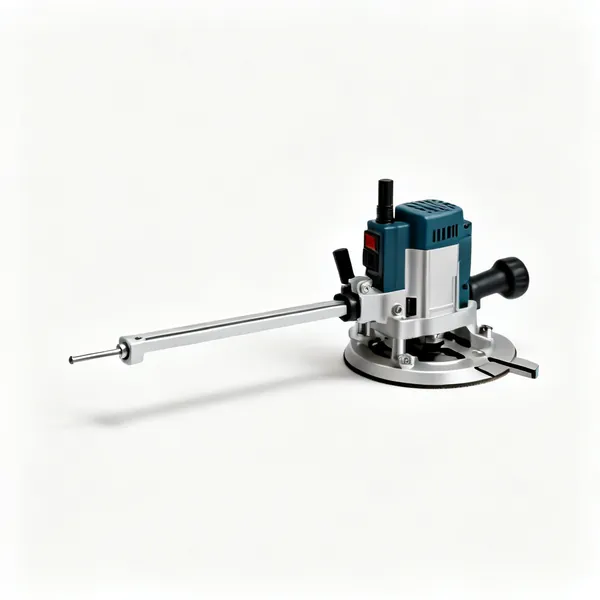 A router circle cutting jig with a long arm and a pivot pin