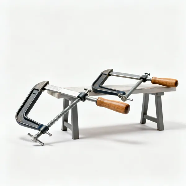 Two F clamps with steel bars and wooden handles on a bench