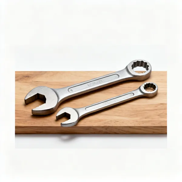 Two flat open ended router collet spanners on a wooden surface