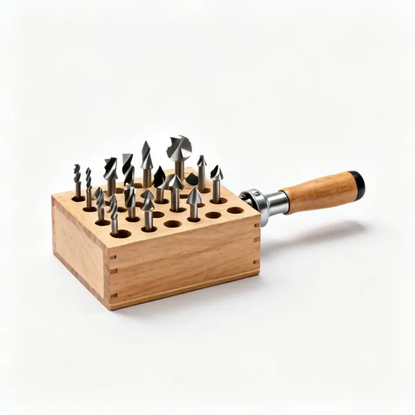 Cutter set: A wooden case holding an assortment of router cutter bits in fitted holes