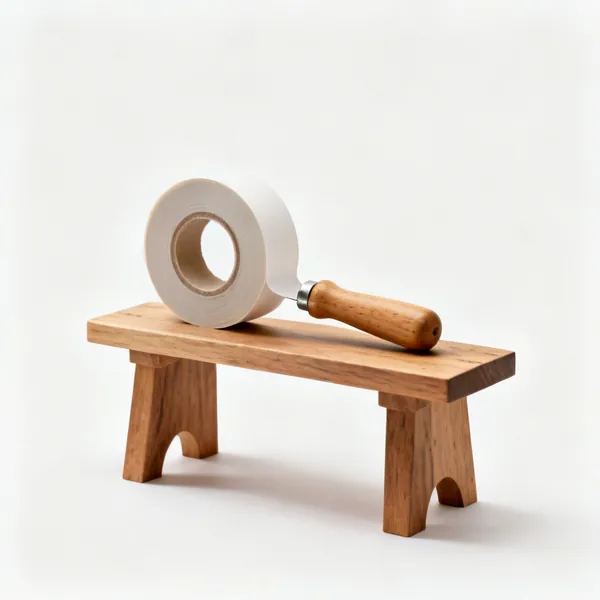 Double sided tape: A roll of double sided woodworking tape on a wooden bench