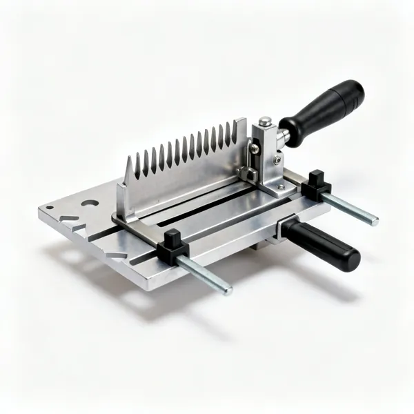 Dovetail jig: A metal dovetail router jig with a comb template and clamping bars