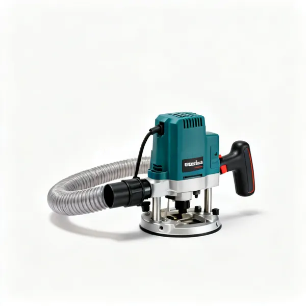 A router dust extraction port adaptor with a flexible hose attached