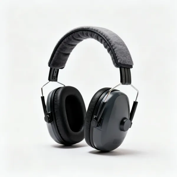 A pair of over ear protective ear defenders with a padded headband