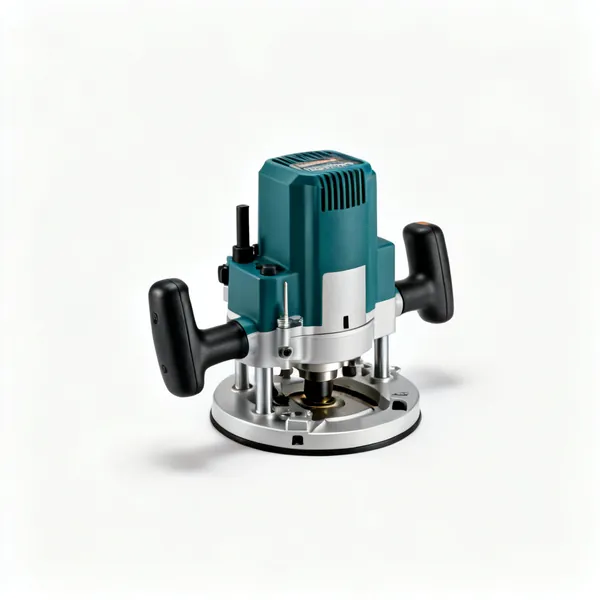A fixed base router power tool with a cylindrical motor in a round base and side handles