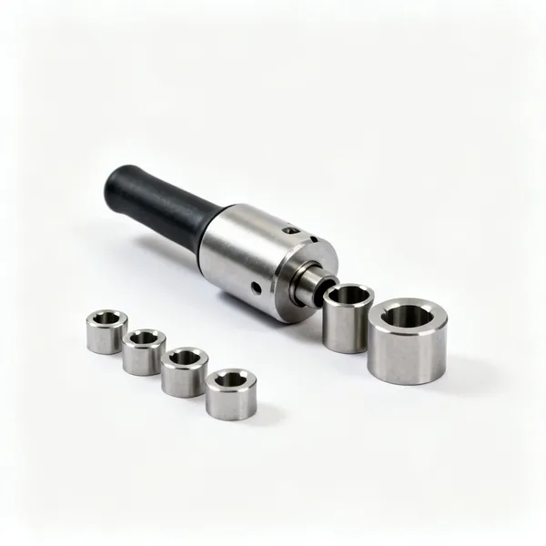A set of round metal router guide bushes of graduated diameters