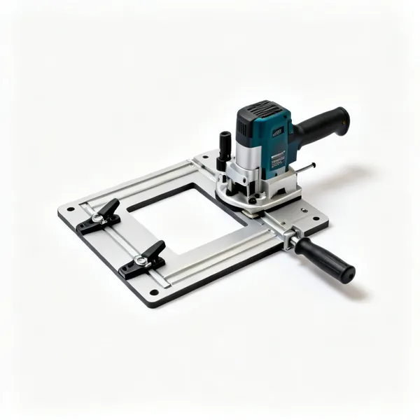 Hinge jig: A router hinge recess jig template with a rectangular cut out and clamps