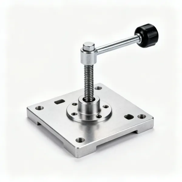 A metal router lift insert plate with a height adjustment screw and a crank handle