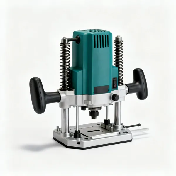 A plunge router power tool with two vertical spring columns, twin handles and a flat base