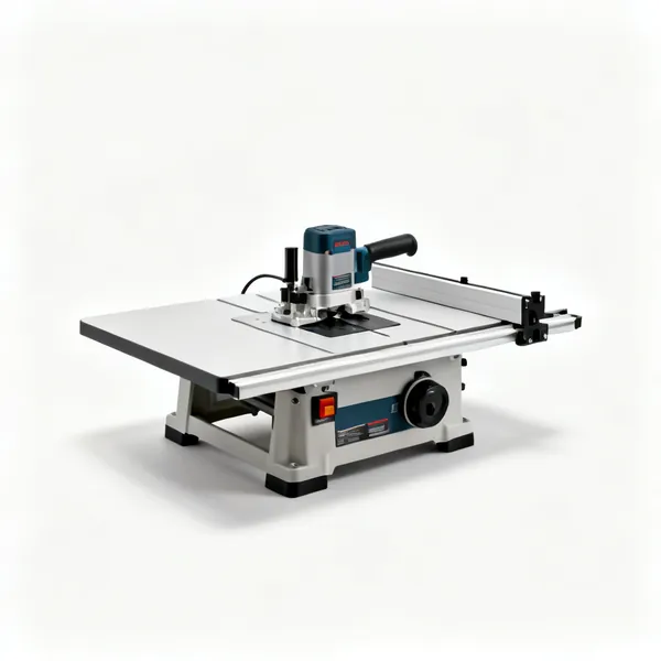 A benchtop router table with a flat top, an insert plate and an adjustable fence