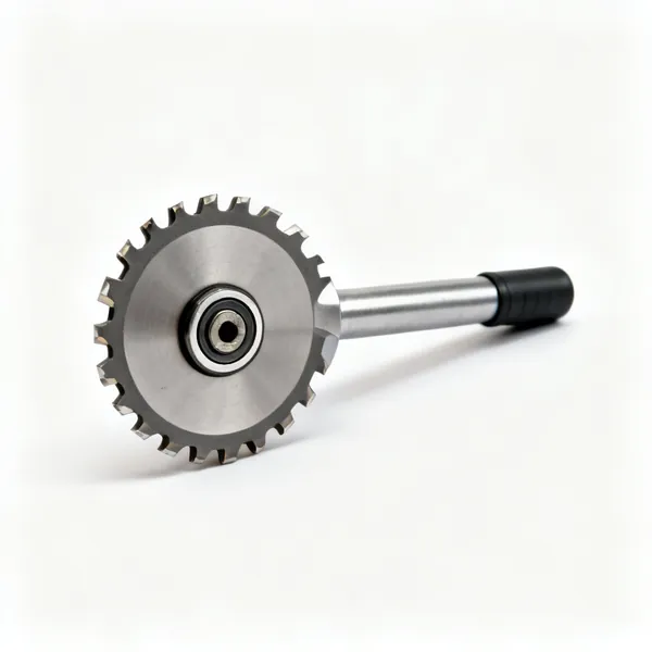 A horizontal slot cutter router bit with a circular wheel and a bearing on the shank