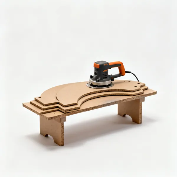 MDF templates: Several curved MDF router template shapes stacked on a bench