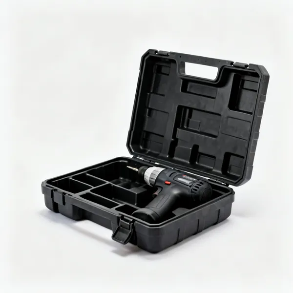 A black plastic power tool storage case with moulded compartments, open and empty