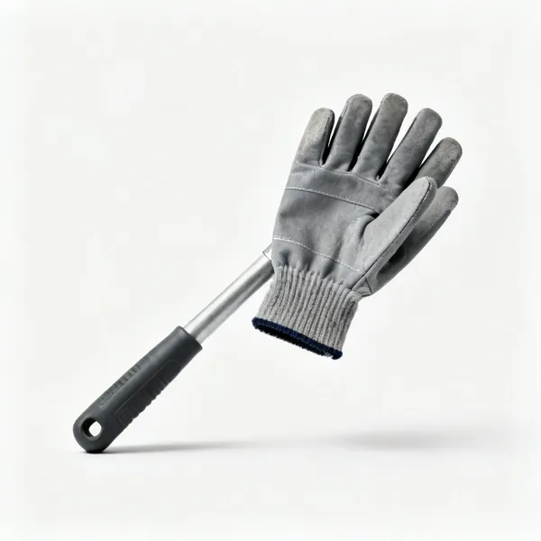A pair of grey work gloves with coated palms and knitted cuffs