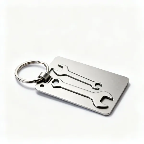 A flat stainless steel keyring multi tool card with cut out wrench and driver shapes