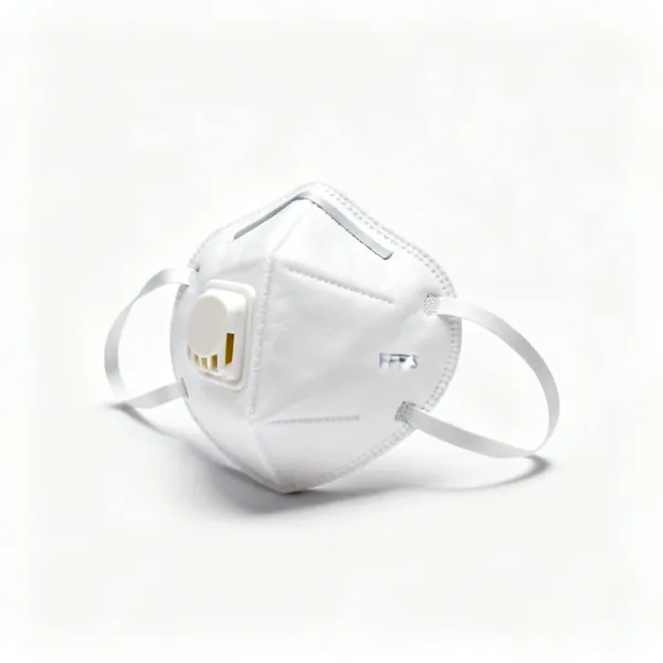 A white FFP3 respirator dust mask with two straps and a nose clip