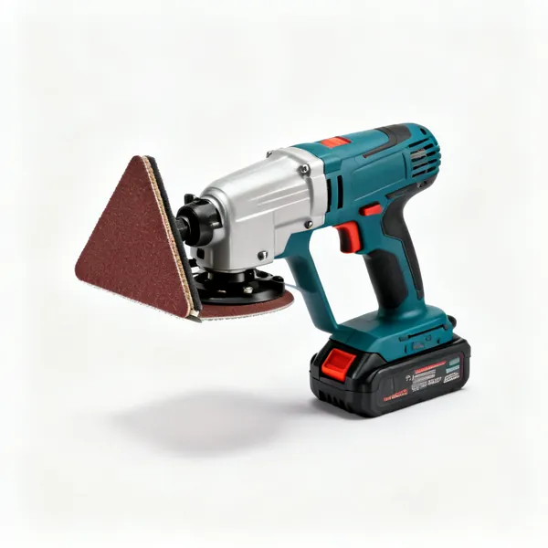 A cordless oscillating multi tool with a triangular sanding pad, pistol grip body and a battery