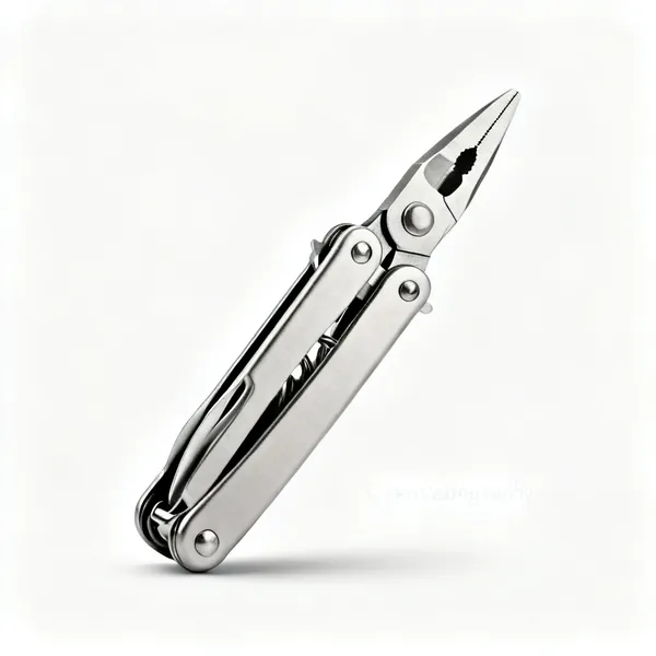 A folded stainless steel plier multi tool with visible tool blades in the handles