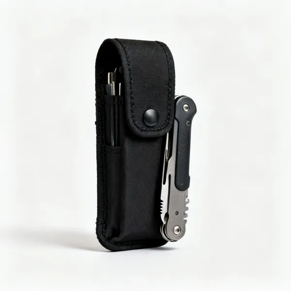 A black nylon multi tool belt sheath with a flap closure
