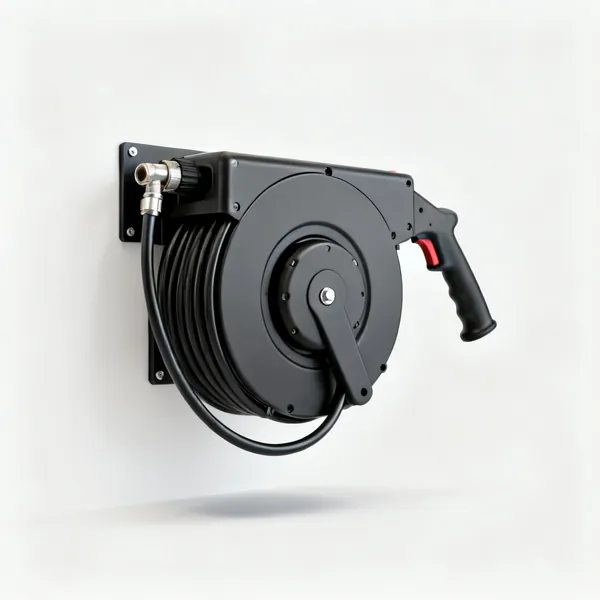 A wall-mounted retractable air hose reel with coiled hose