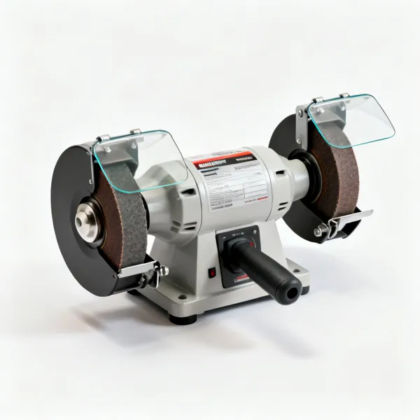 A bench grinder with two grinding wheels and eye shields