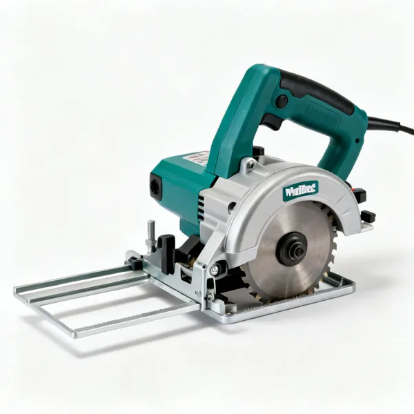 A biscuit joiner with a fence and a circular cutting blade