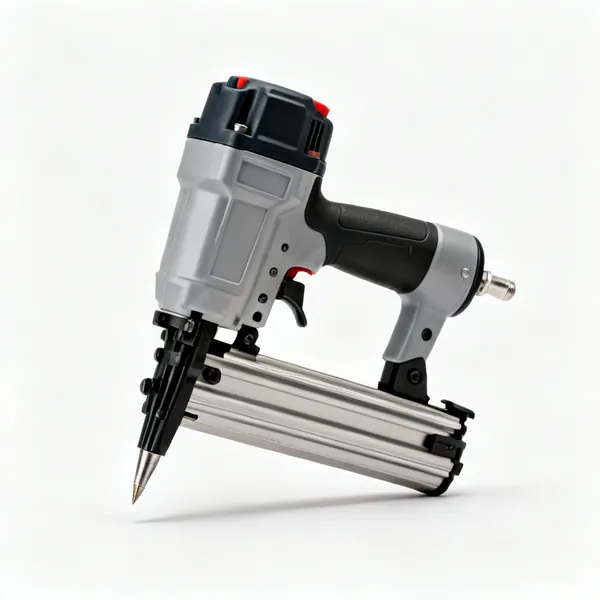 A cordless brad nailer with a magazine and nose tip
