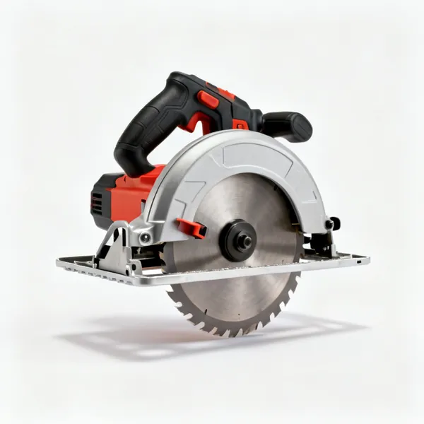 A cordless circular saw with a blade guard and base plate