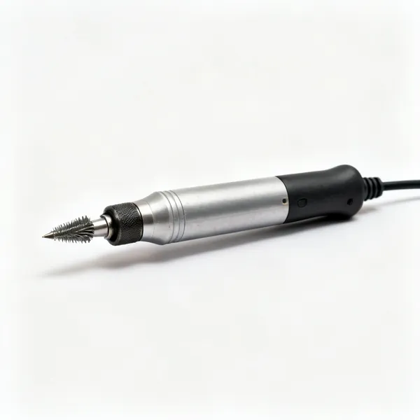 A pencil-style die grinder with a small burr bit fitted
