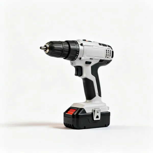A cordless drill driver with a keyless chuck and a battery attached