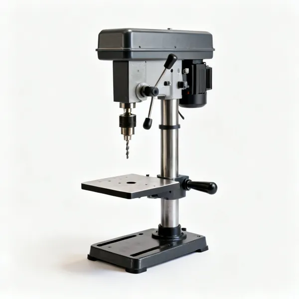 A benchtop drill press with a column, table and handle
