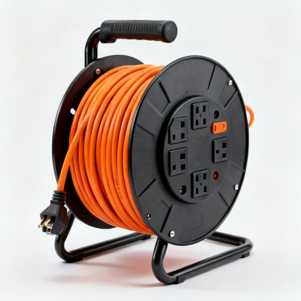 Extension reel: An extension cord reel with orange cable and multiple sockets