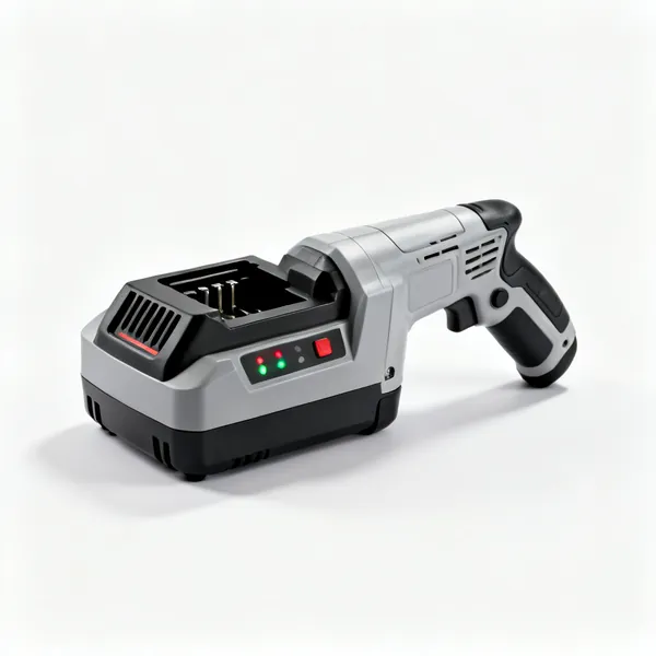 A power tool battery fast charger with a docking slot and indicator lights