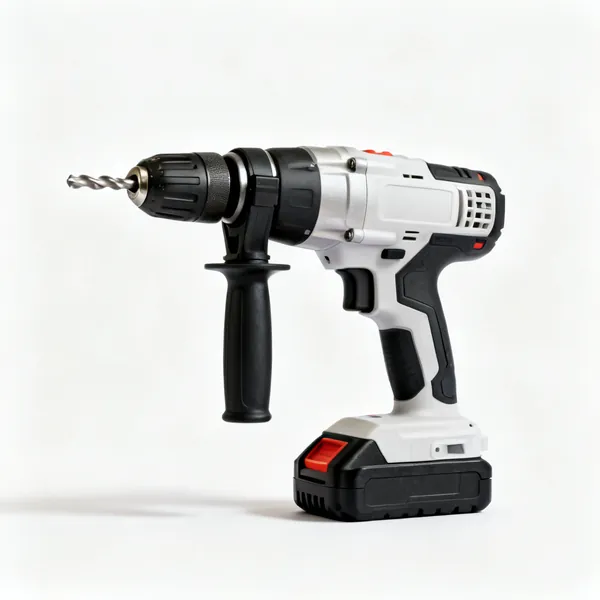 A cordless hammer drill with a side handle and a battery