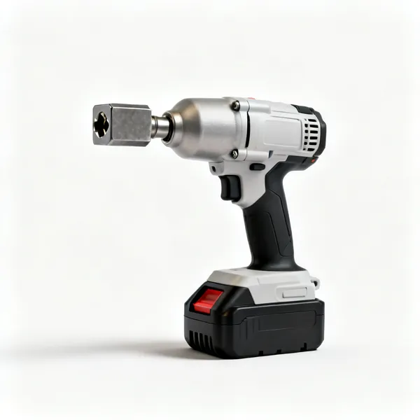 A cordless impact wrench with a square socket drive and a battery