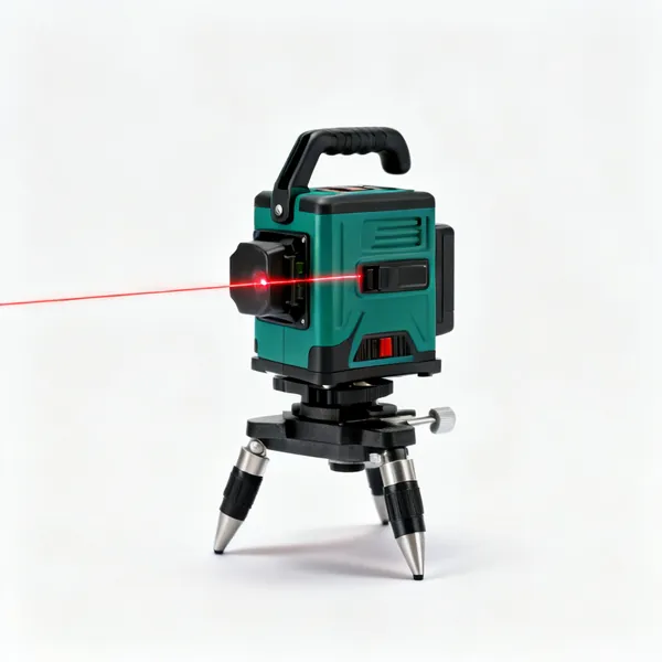 A cross-line laser level on a small tripod projecting a line