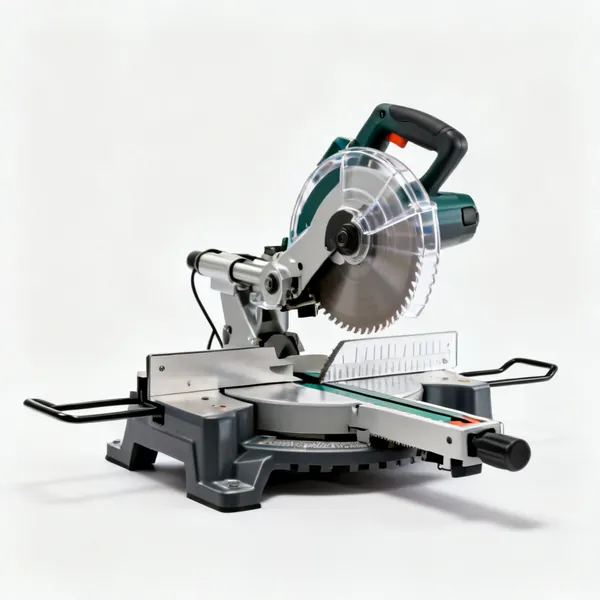 A sliding compound mitre saw on a base with a blade guard