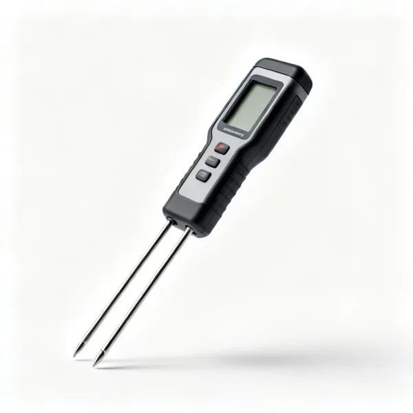 A handheld moisture meter with two probe pins and a display