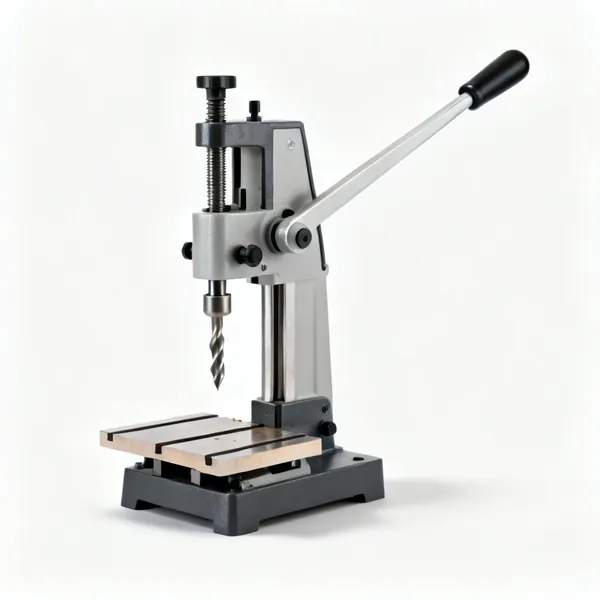 A benchtop mortiser with a long lever handle and a chisel bit