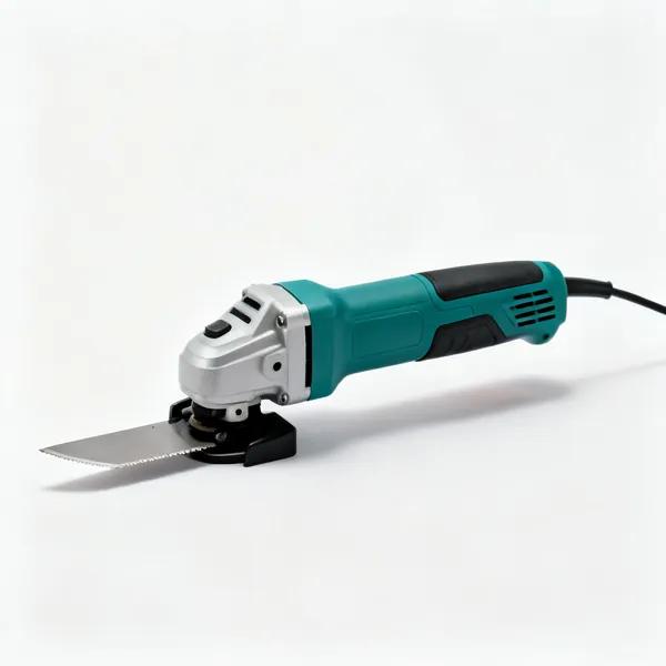 A cordless oscillating multi tool with a flat cutting blade attachment