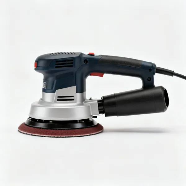 A random orbit sander with a round sanding pad and dust port