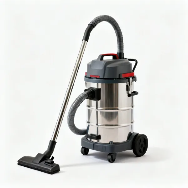 A shop vacuum cleaner with a hose and wheeled drum body