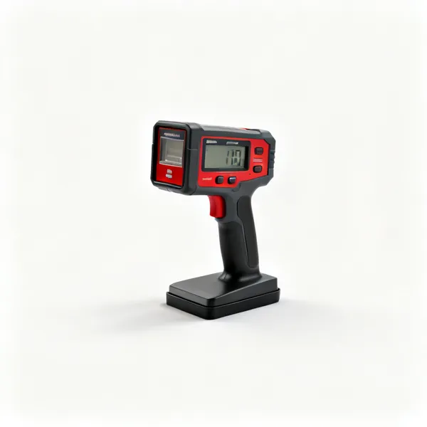 A handheld electronic stud finder with a display and flat base