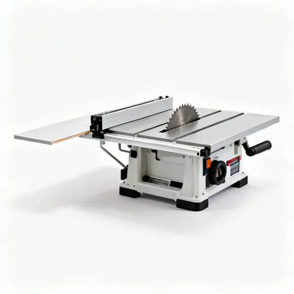 A portable table saw with a blade, fence and flat table