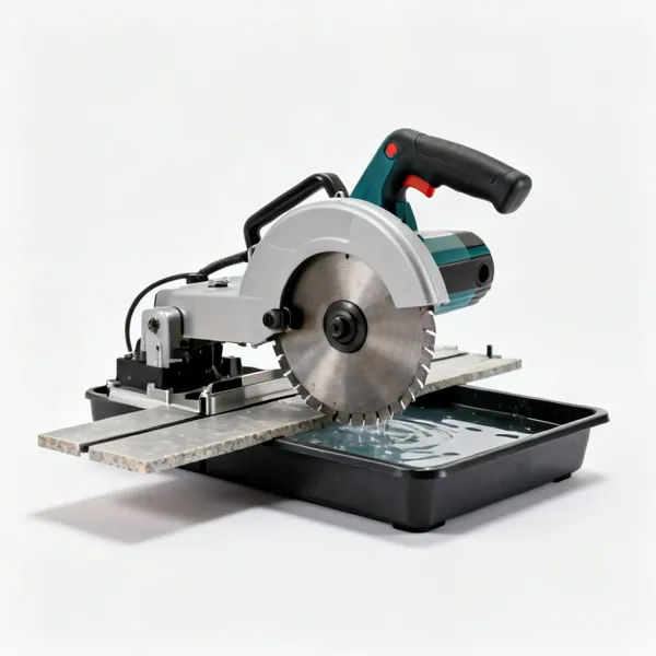 A wet tile saw with a diamond blade and a water tray