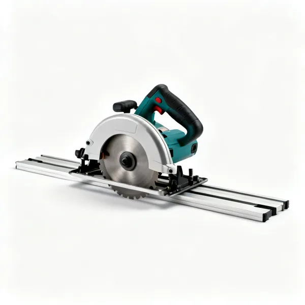 A track saw sitting on a guide rail