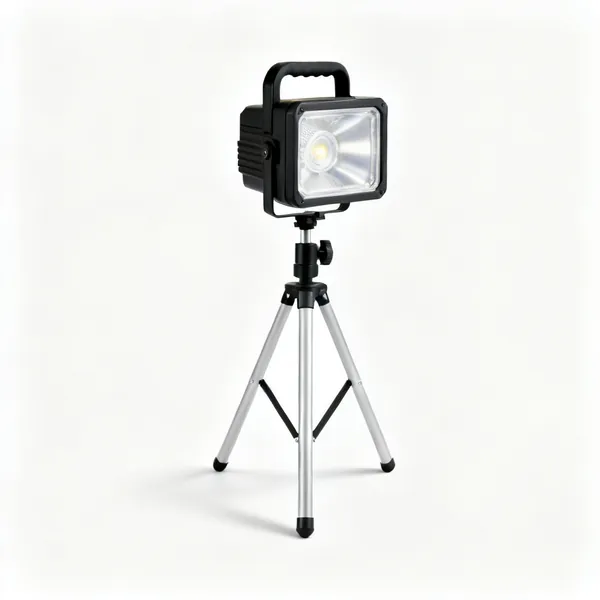 A portable LED work light on a folding stand